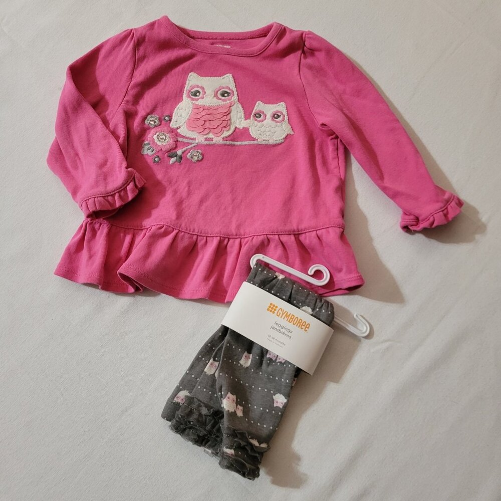 Gymboree Bright Owl 12-18 month Outlet leggings NWT, retail top used set.